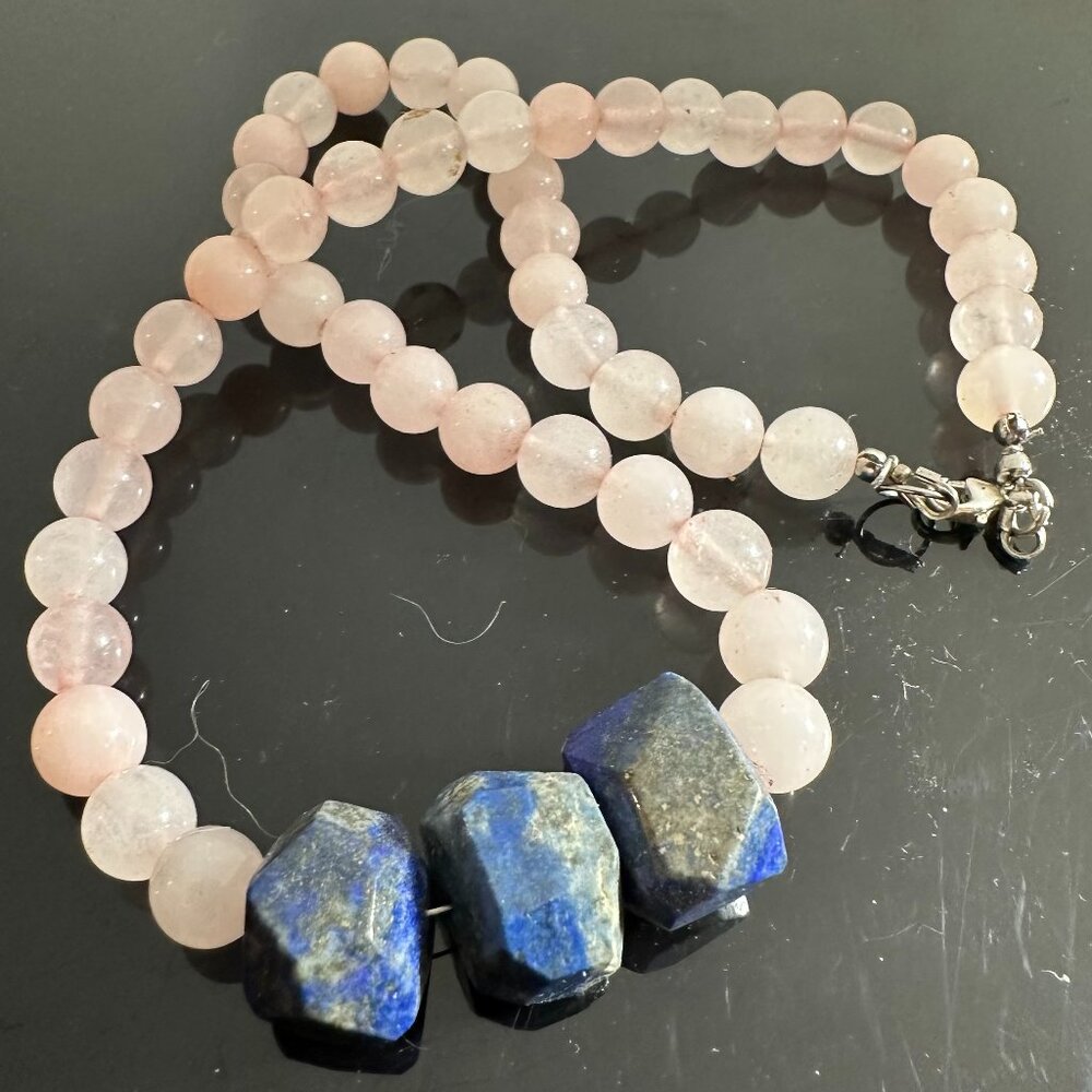 Genuine Lapis Lazuli Rose Quartz Pendant Necklace Handmade Silver Choker Gift